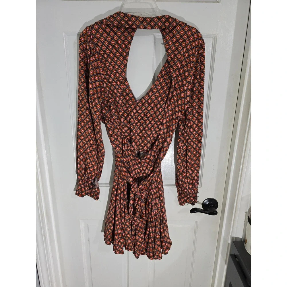 Free People Retro Geometric Diamond Print Open Back Mini Dress Orange Pink Sz M